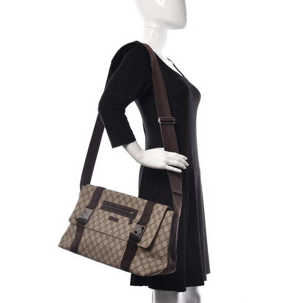 GUCCI GG Plus Monogram Double Buckle Flap Messenger Bag Beige/Brown